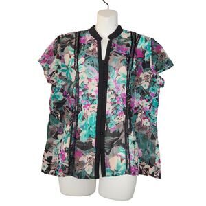NY Collection Womens Medium Sheer Blouse Floral Mesh Button Up Top Bloomcore
